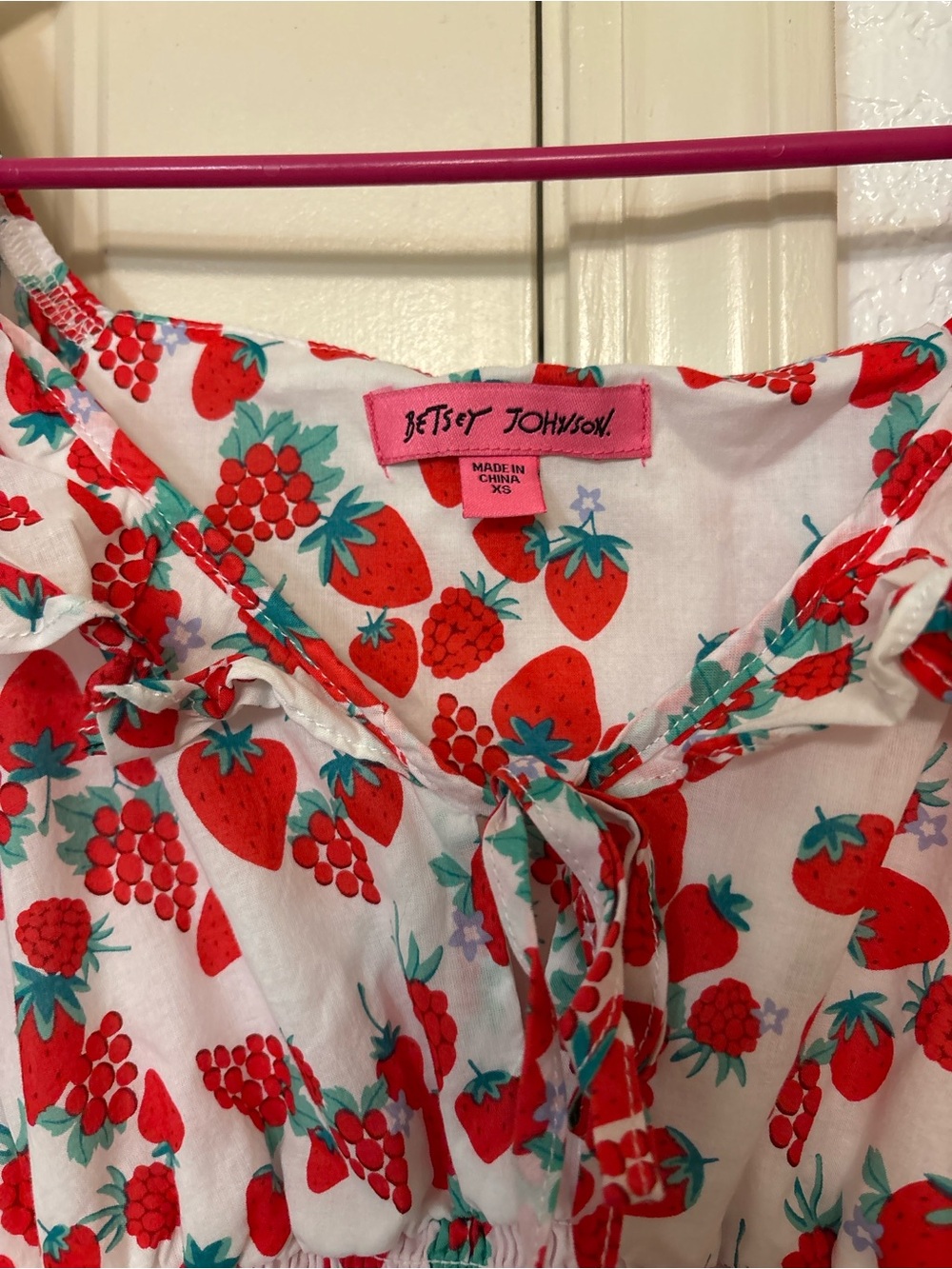 Betsy Johnson Strawberry Print Maxi Dress XS Cottagecore Ruffle Smocked - Picture 3 of 4